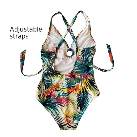 Shade & Shore Plunge Ring Detail One Piece Multi Tropical Print Swimsuit M - Picture 2 of 11